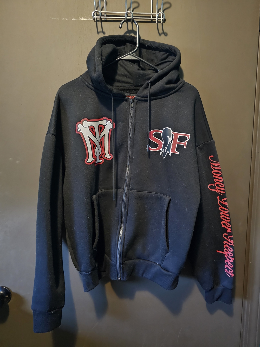 Black Graphic Scarface Zip Hoodie with Red Accent